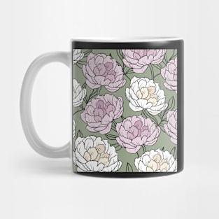 The white and pink peonies in a lovely pattern pale green background Mug